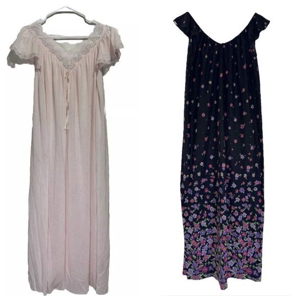 Vintage MISS ELAINE Nightgown Pajama Dress Pink Floral Ribbon Y2k MEDIUM 2 Pcs - Picture 1 of 16